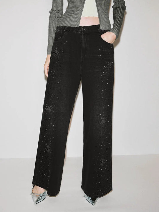 Black Embellished Wide-leg Jeans