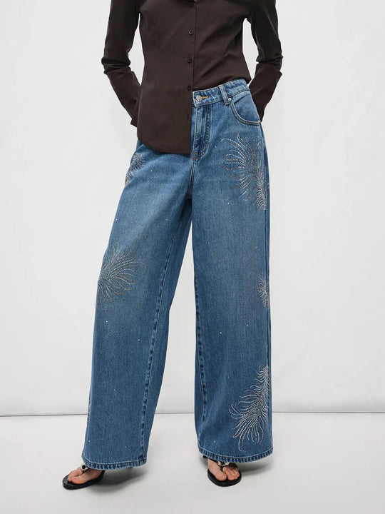Cotton Wide-leg Pants With Feather Embellishment