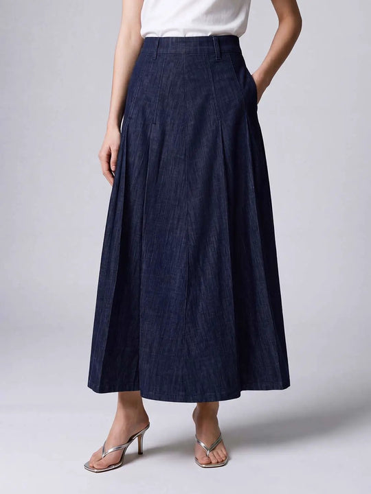 Structured Pleated Cotton Belted Maxi Skirt