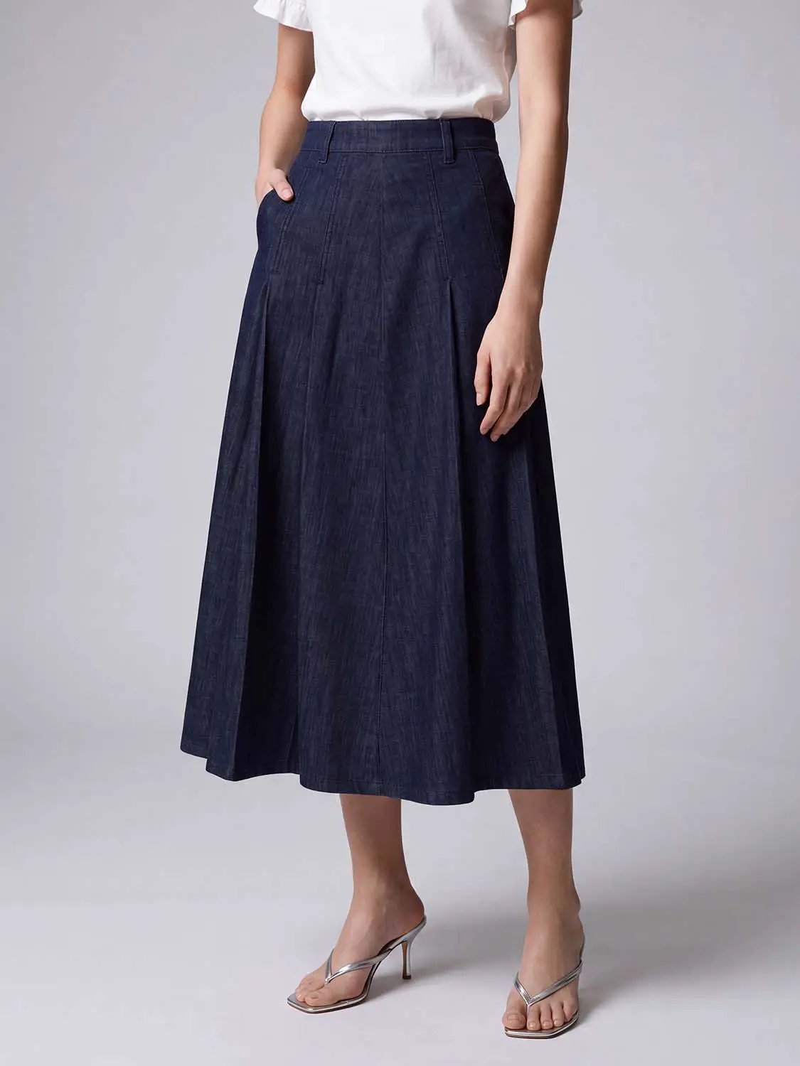 Denim Skirt in dark indigo, midi length, A-line silhouette