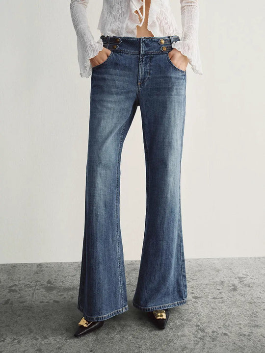 Pantalon large en jean à taille mi-haute avec détail de boutons