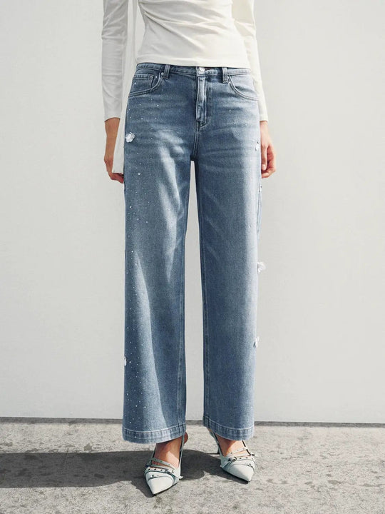 Jean en mélange de coton coupe large taille haute, imprimé et délavé