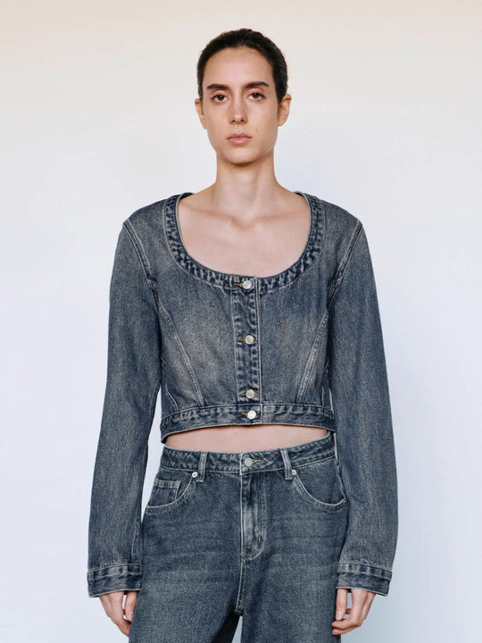 Square Neck Long Sleeve Cotton Denim Jacket