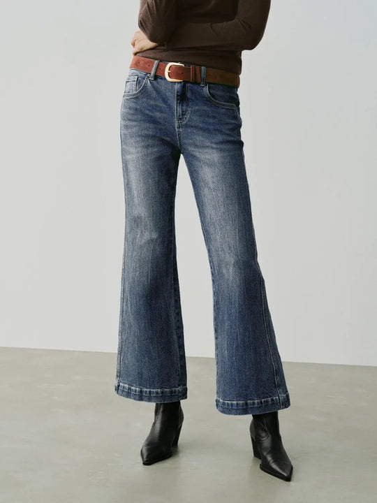 Jeans in cotone a gamba larga e vita media con effetto vintage slavato