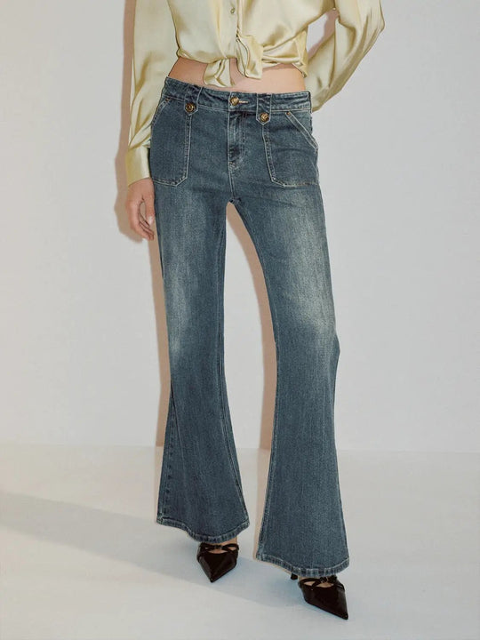 Faded Washed Flared Mid-rise Cotton Jeans