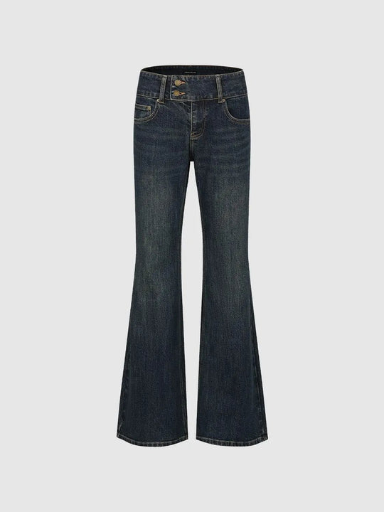 Mid-rise Button Front Flared Dark Wash Cotton Stretch Jeans