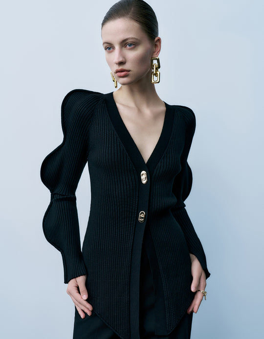Wave Sleeve V-Neck Knitted Cardigan