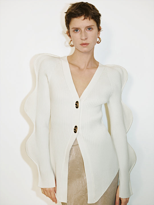 Wellenärmel V-Ausschnitt Strickcardigan