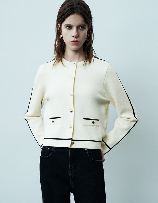 Crew Neck Knitted Cardigan With Fake Pockets