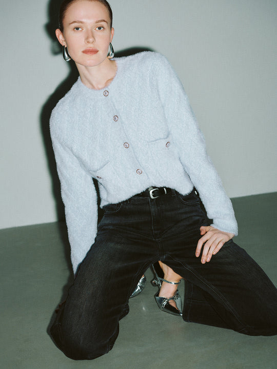 Cardigan lavorato a maglia con scollo a giro