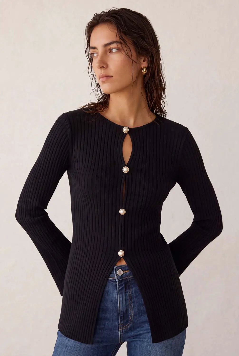 Skinny knitted cardigan in black with pearl buttons, ribbed knit, by Urban Revivo Fashion