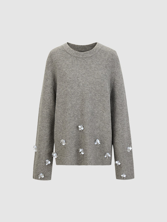 Flower Decor Crew Neck Knitted T-Shirts