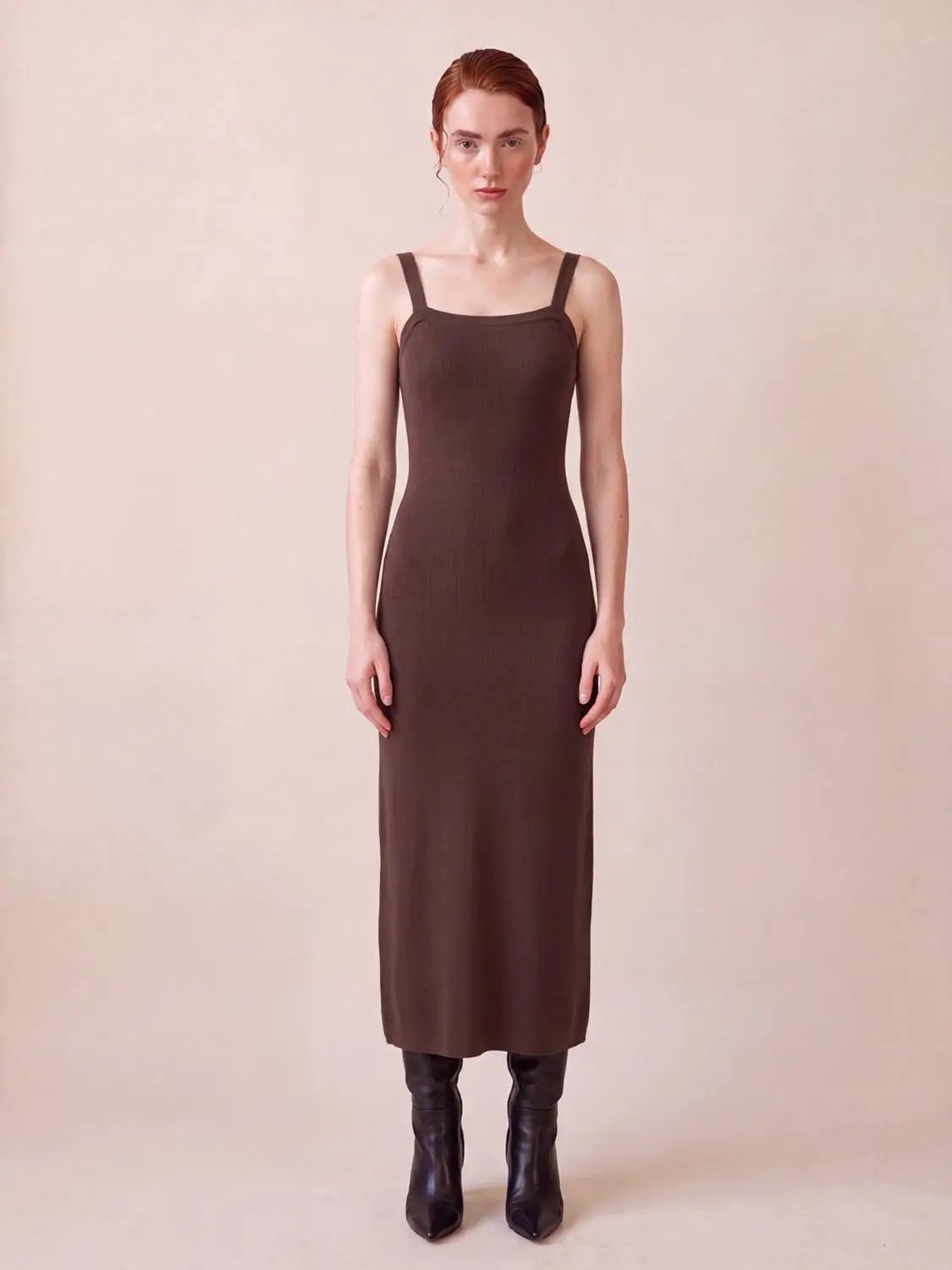 Wide Strap Knitted Maxi Dress in brown knit, ankle-length on a model, perfect casual wear, by Urban Revivo Fashion.