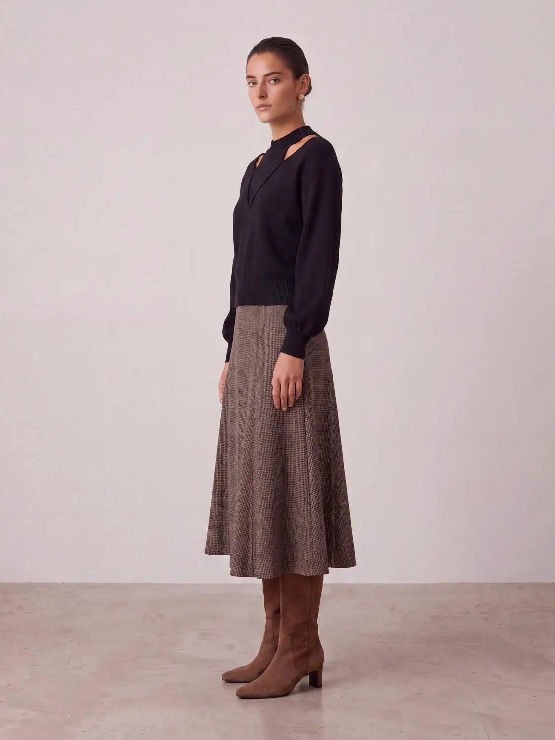 Cut-Out Long Sleeve Knitted T-Shirt, black knit top worn by model