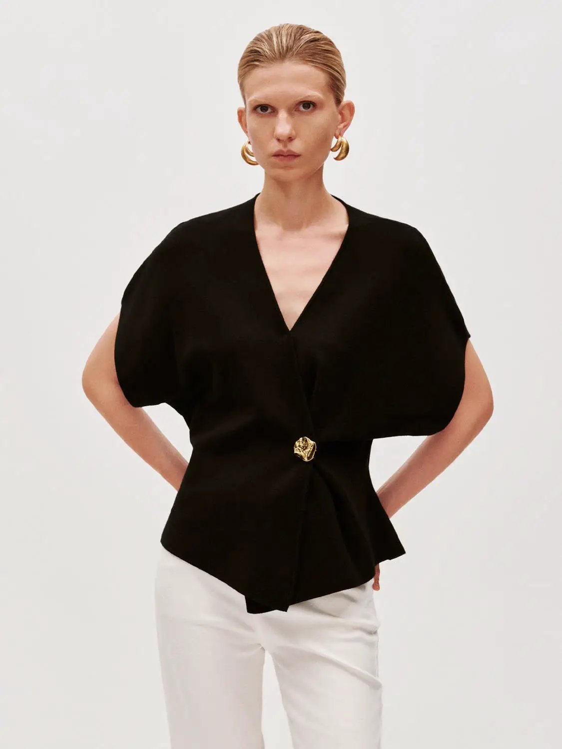 Wrap V Neck Batwing Short Sleeve Knitted Cardigan in black with gold-tone button, Urban Revivo Fashion.