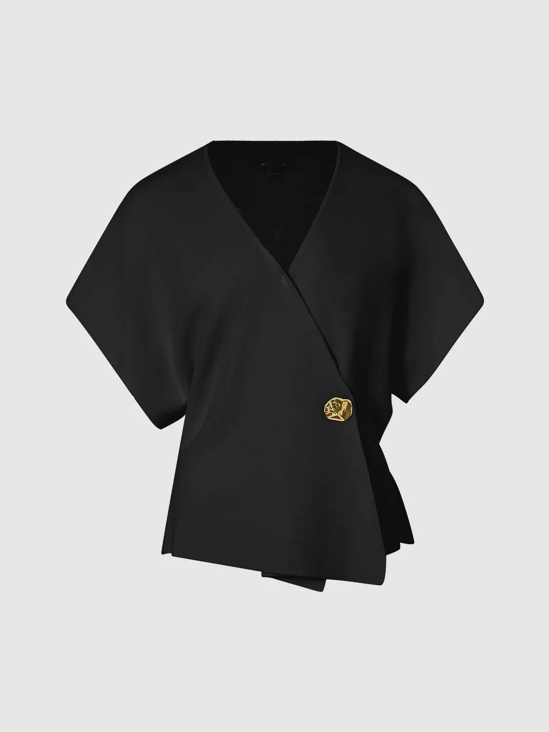 Wrap V-Neck Batwing Short-Sleeve Knitted Cardigan in black with a gold button detail