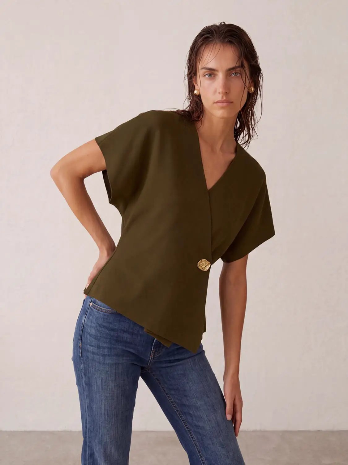 Wrap V Neck Batwing Short Sleeve Knitted Cardigan in olive green by Urban Revivo Fashion