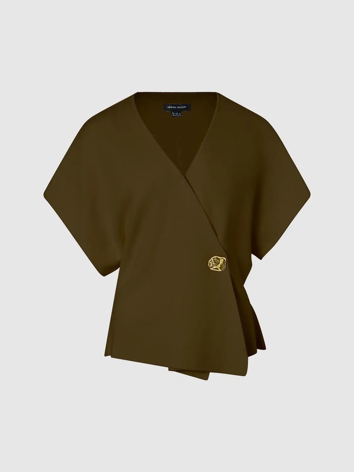 Wrap V-neck batwing knitted cardigan in olive-brown with belt and gold emblem patch, Urban Revivo