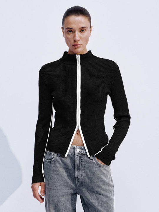 Kontrast Voll-Reißverschluss Gestrickte Cardigans