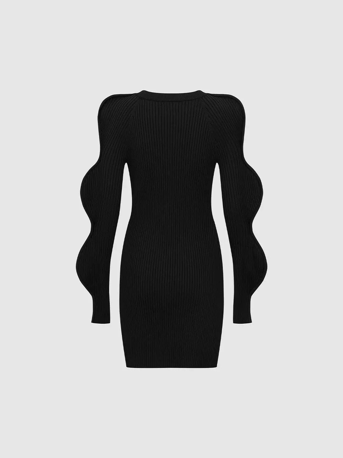 Wave-sleeve knitted black midi dress with ribbed texture