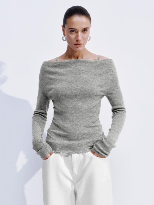 Off Shoulder Ruched Long Sleeve Knitted T-Shirts