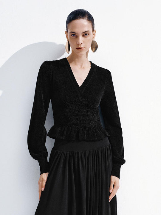 V-Neck Ruffle Long Sleeve Knitted T-Shirts