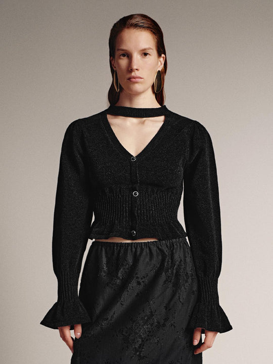 Scarf Neck V-Neck Ruffle Hem Knitted T-Shirts