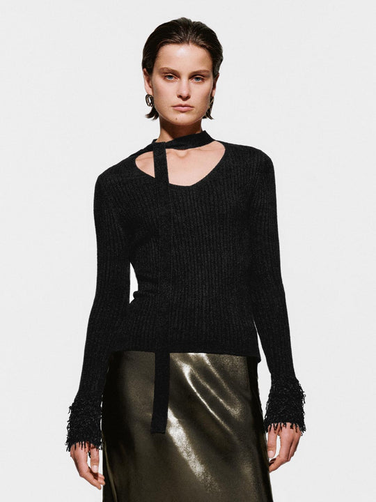 Scarf Neck Long Sleeve Knitted T-Shirts