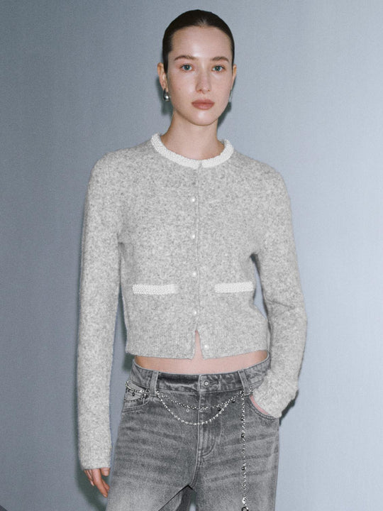 Crew Neck Contrast Trim Knitted Cardigans