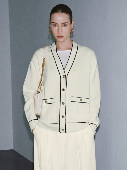 V-Neck Contrast Trim Knitted Cardigans