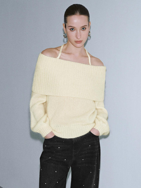 Off Shoulder Long Sleeve Knitted T-Shirts
