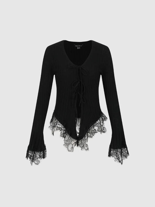 Ribbed Delicate Lace Hem Knitted Cardigans