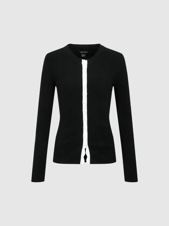 Ribbed Button Front Crew Neck Long Sleeve Knit Cardigan