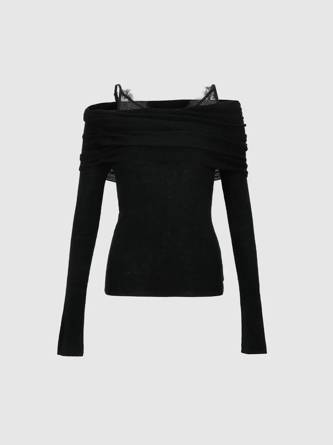 Knit T-Shirt by Urban Revivo Fashion, black off-shoulder long-sleeve top