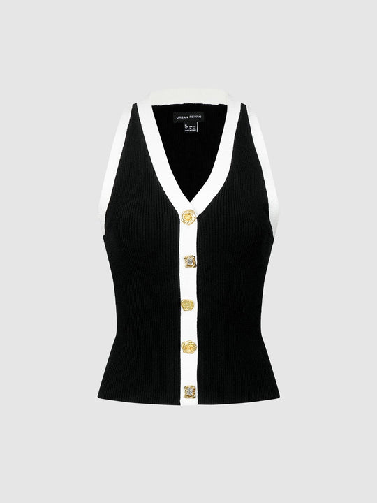 Linen Blend Contrast Trim V-Neck Button Up Vest