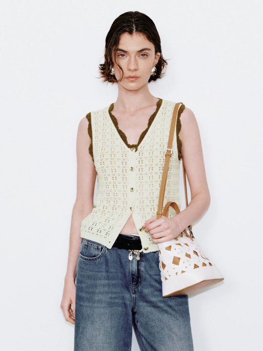 Contrast Ruffle Trim Open Knitted Sleeveless Cardigans