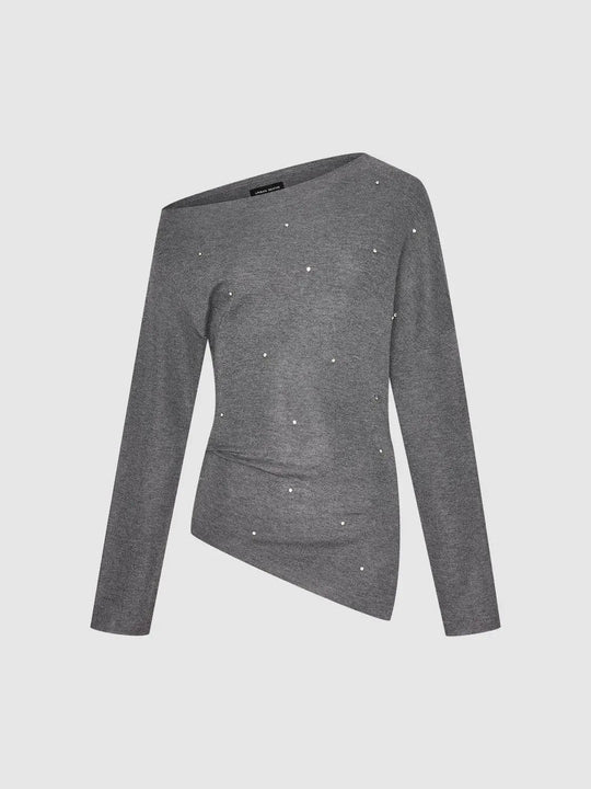 Pearl Embellished Asymmetric Hem Long Sleeve Knit Top