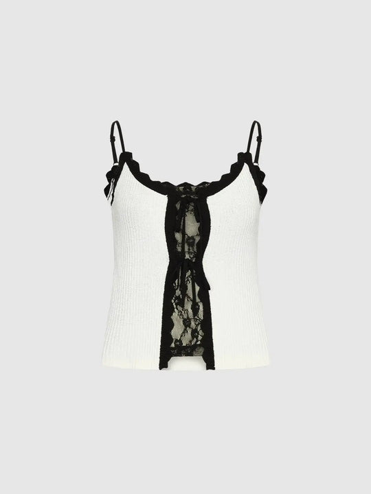 T-shirts tricotés skinny à bretelles avec bordure en dentelle