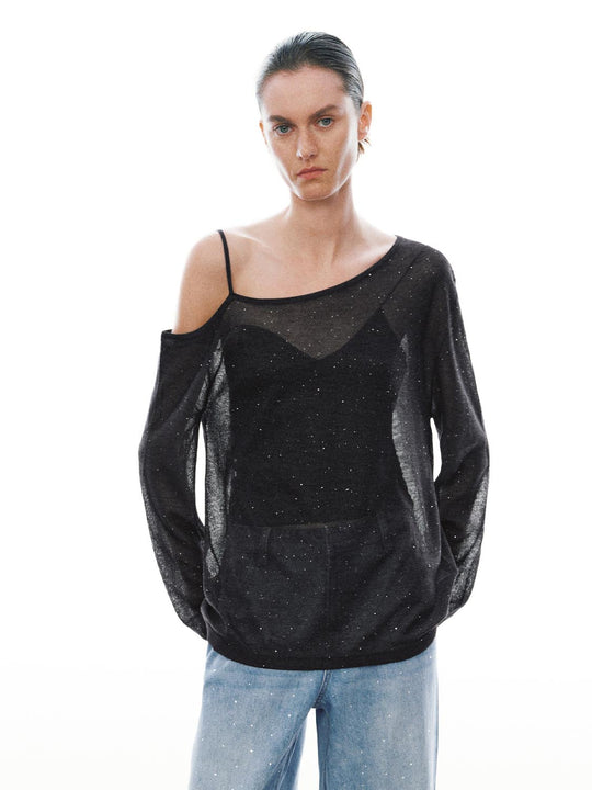 One Shoulder Long Sleeve Knitted T-Shirts