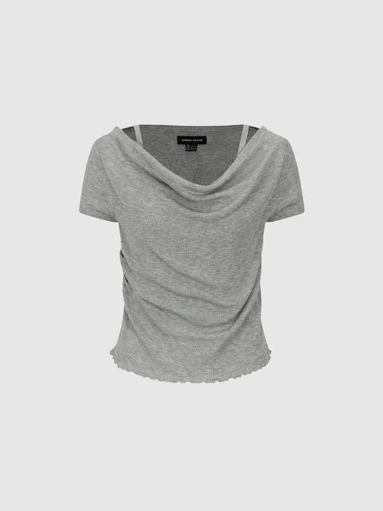 Heather Knit Cotton Blend Cowl Neck T-Shirts