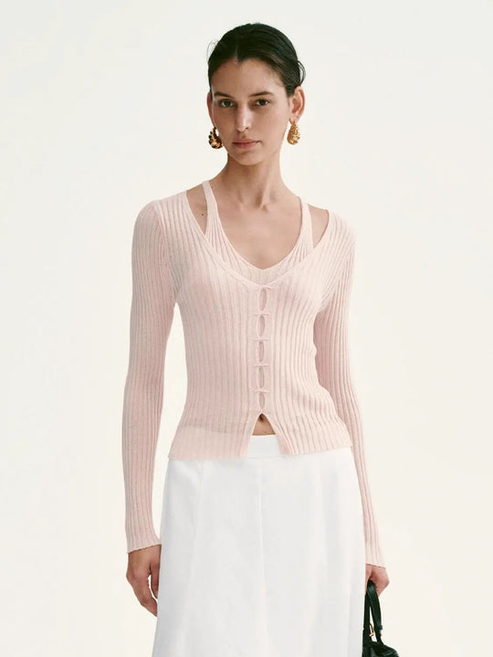 Ribbed Viscose Cardigans With Cutout Button Details