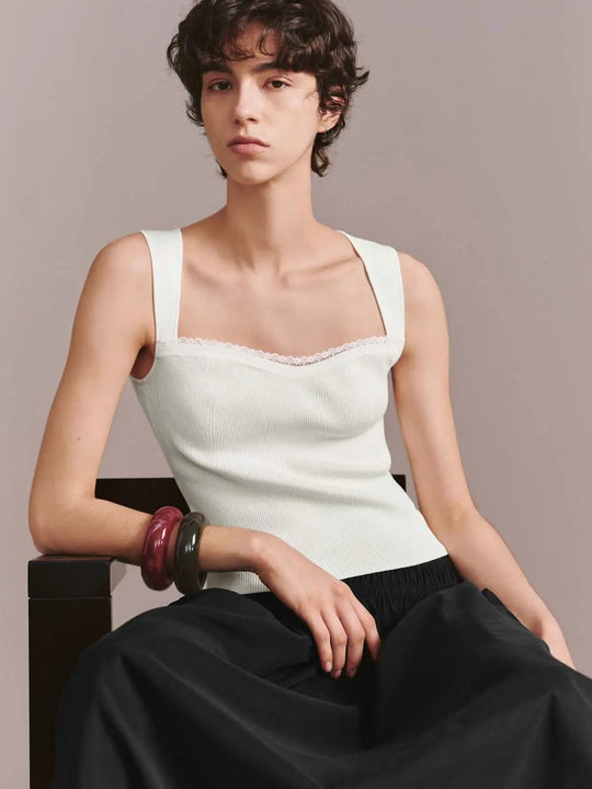 Square Neck Lace Trim Sleeveless Knit Top