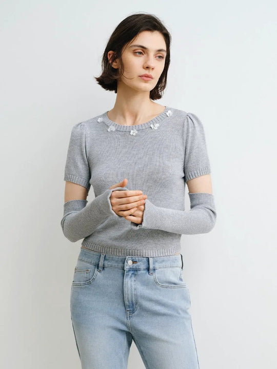 Ribbed Knit Crew Neck T-shirt With Floral Neck Embellishment