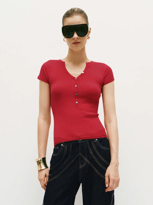 Ribbed V-neck Short Sleeve Knit Shirt