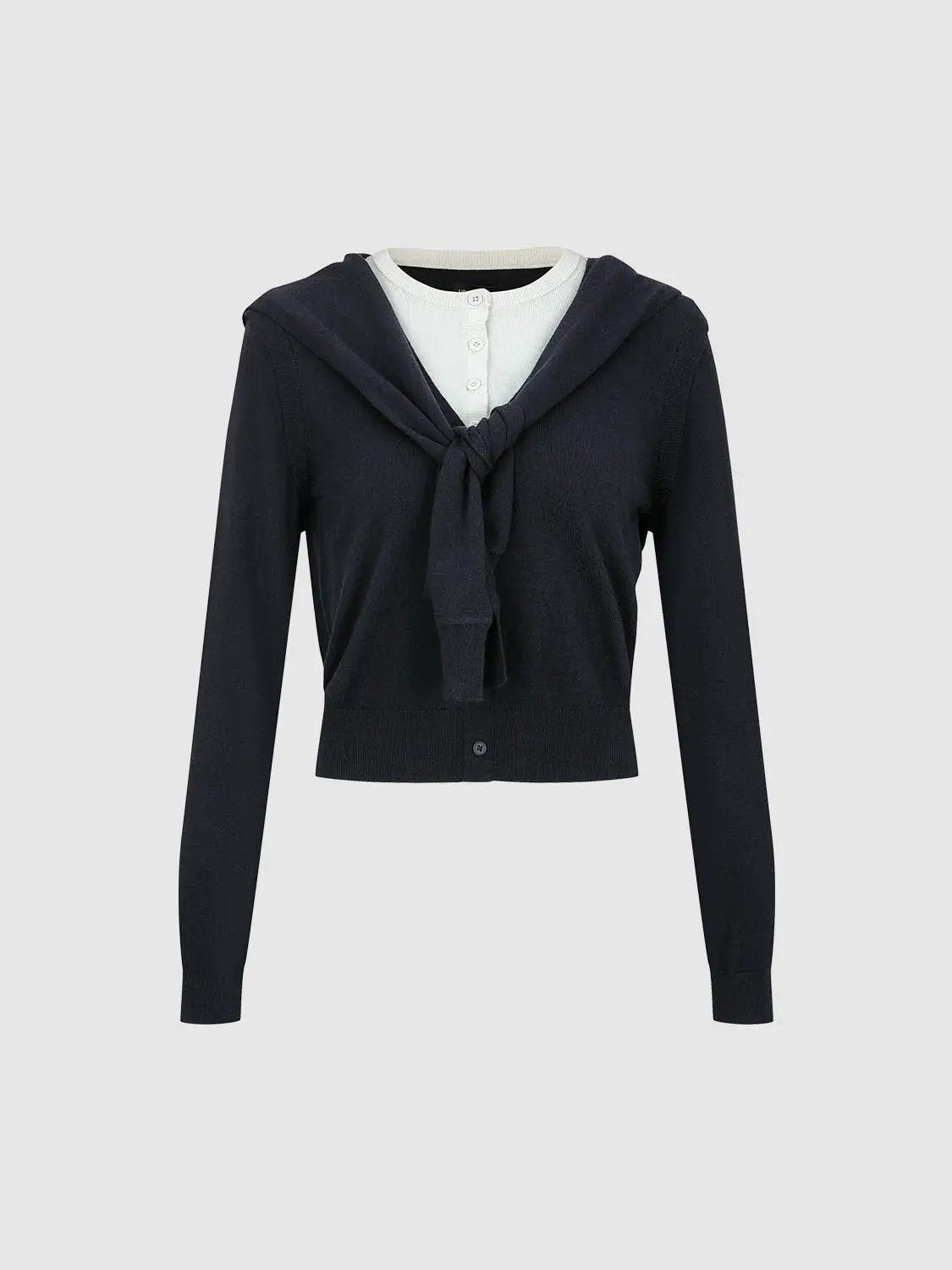Knit T-Shirt by Urban Revivo Fashion in navy with white inner layer and front tie.