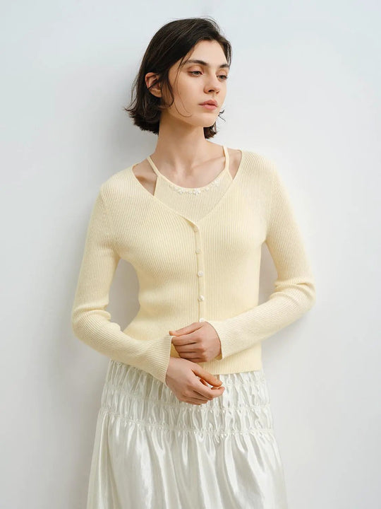 Ribbed V-neck Button Front Long Sleeve Knit Top