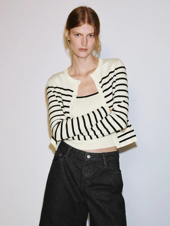 Striped Crew Neck Long Sleeve Ribbed Knit Cardigan