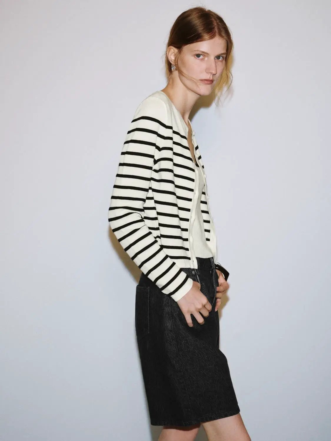 Knit Jacket: striped black-and-white knit cardigan with long sleeves by Urban Revivo Fashion
