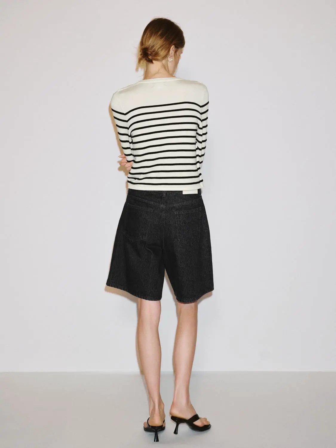 Knit Jacket cardigan, cream with black stripes, back view.