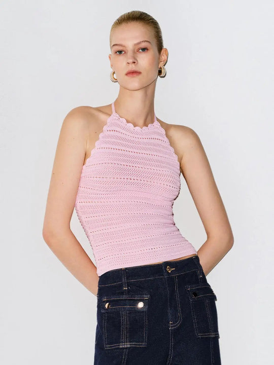 Halter Tie Hollow Knit Slim Cropped Sleeveless Cami Top